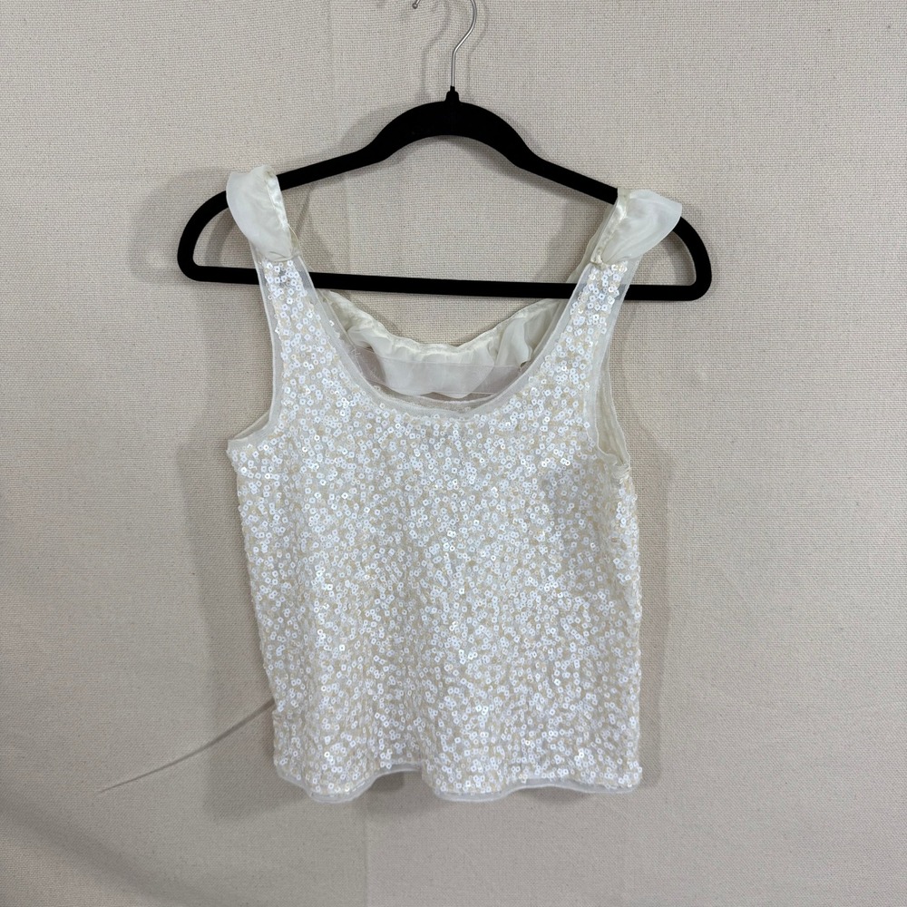 Vintage Daisy Womens White Sequin Ruffle Tank Top Size Medium T83461 Made in USA